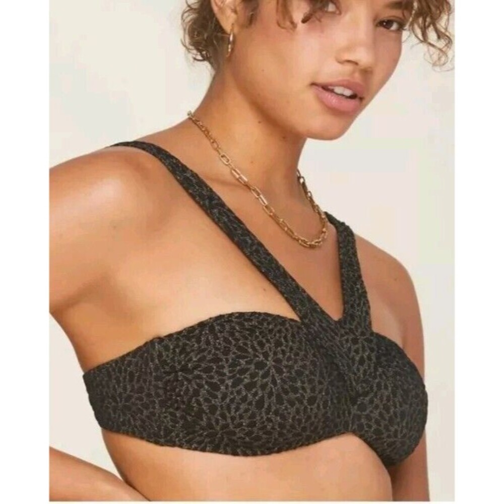 Andie x Demi Moore The Monaco Swim Top Black Gold Floral Jacquard Size L